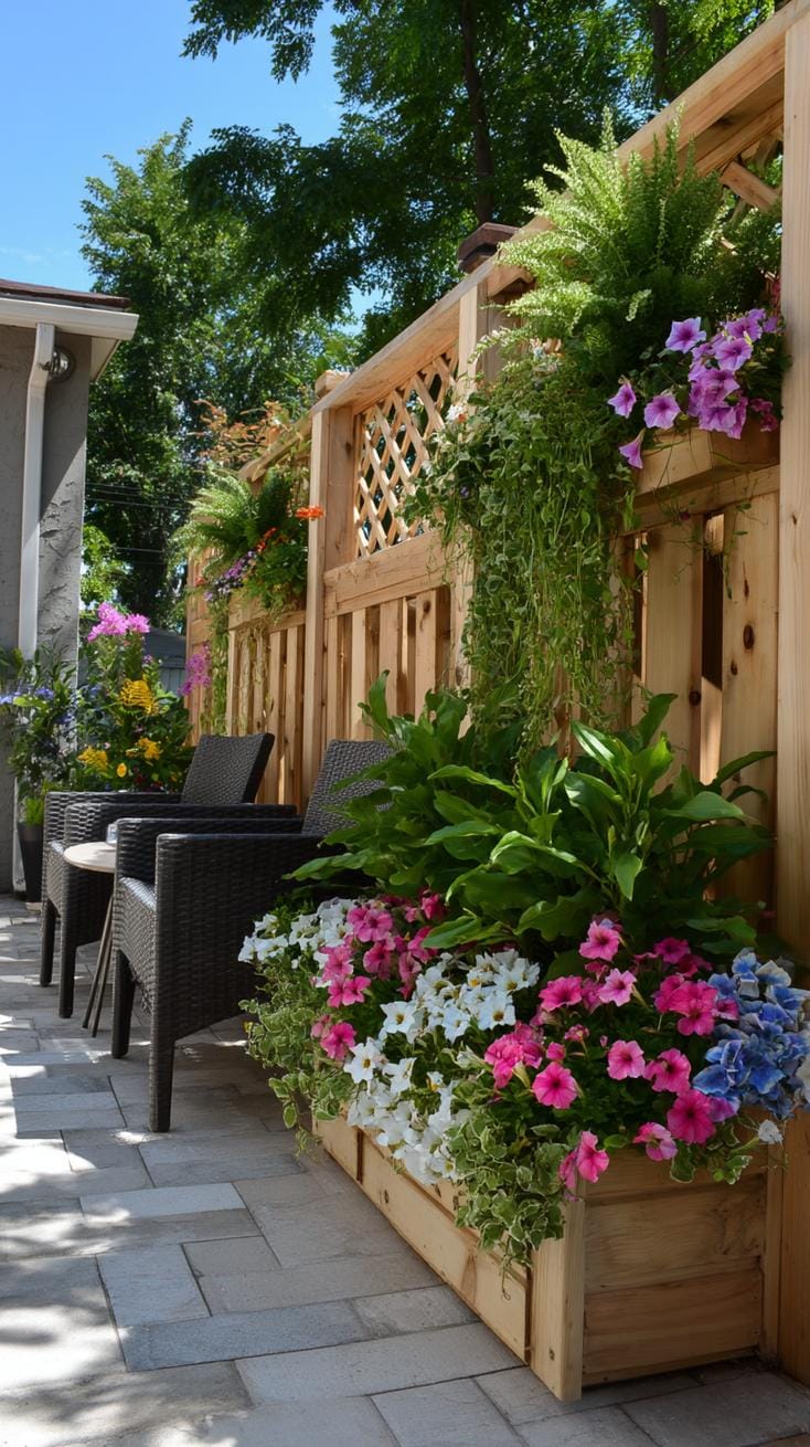 35 Unique Privacy Fence Ideas for a More Private Backyard 8 2. DIY privacy screen with built-in planter boxes-2