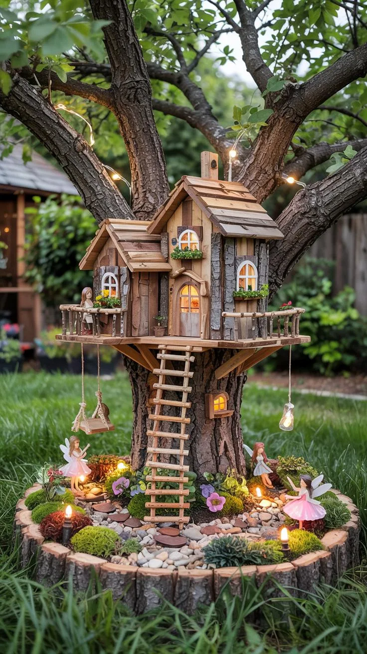25. DIY treehouse fairy garden with ladder and lights-0
