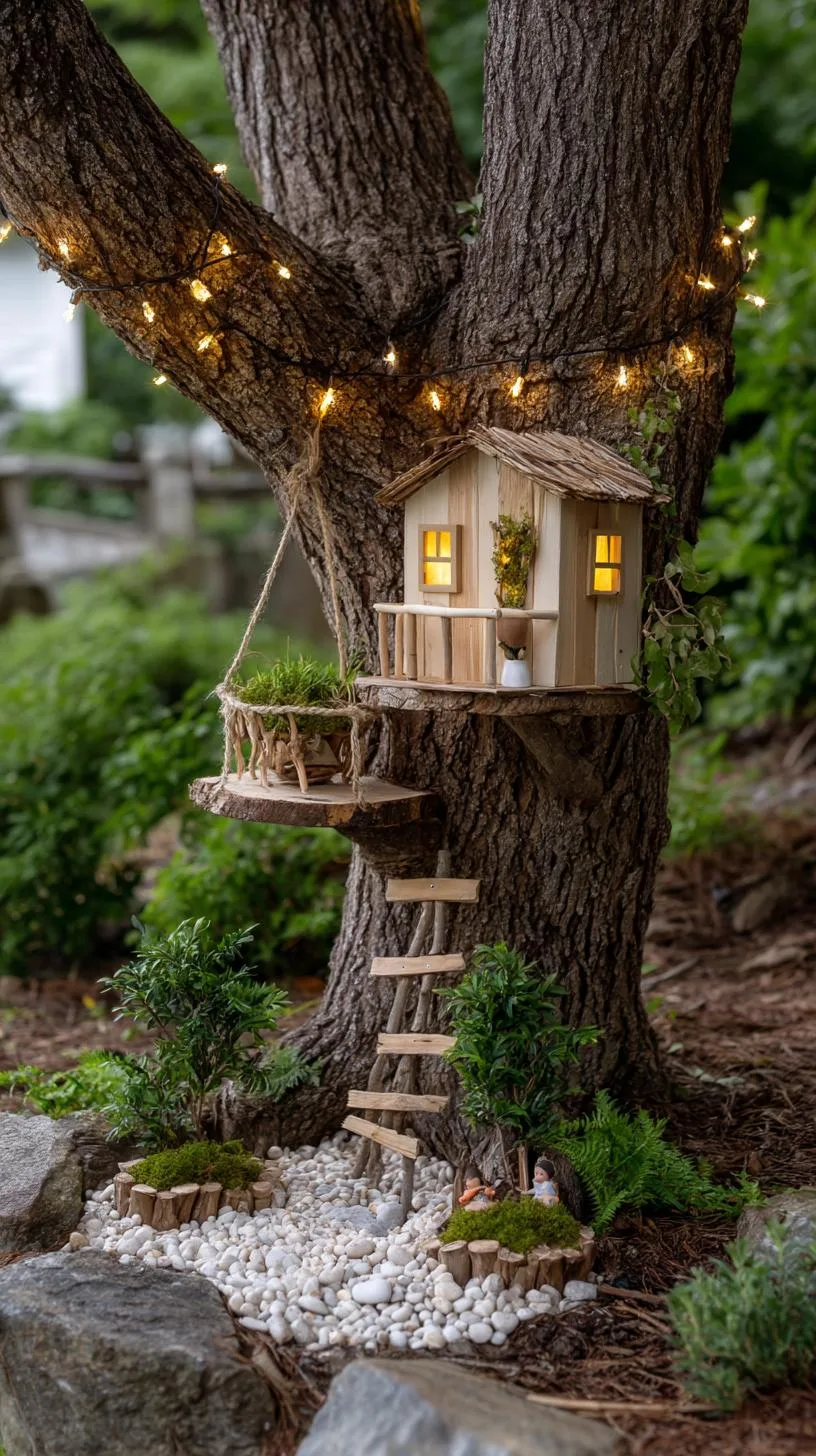 25. DIY treehouse fairy garden with ladder and lights-1