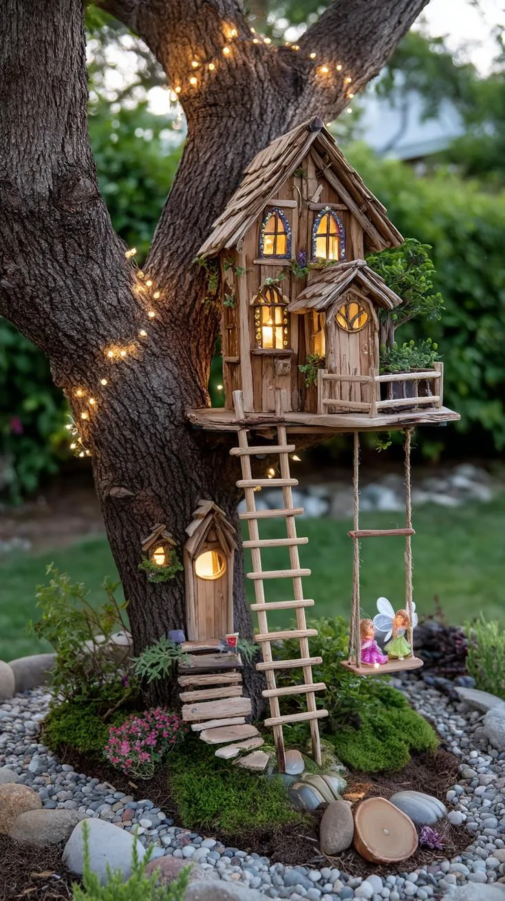25. DIY treehouse fairy garden with ladder and lights-2