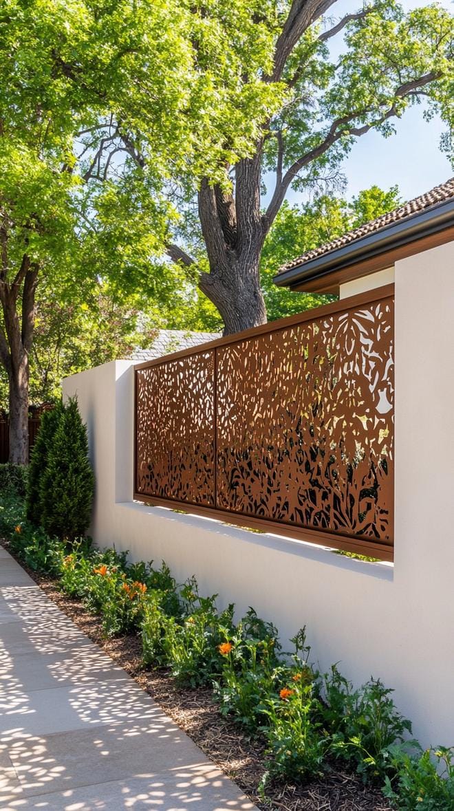 35 Unique Privacy Fence Ideas for a More Private Backyard 67 27. Decorative metal panel privacy wall with patterns-0