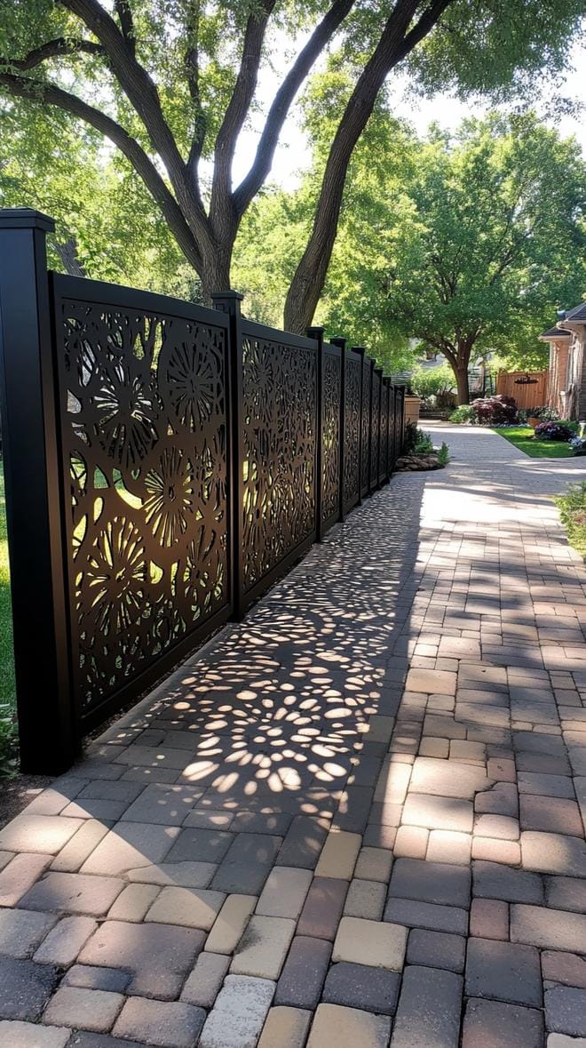 35 Unique Privacy Fence Ideas for a More Private Backyard 68 27. Decorative metal panel privacy wall with patterns-1