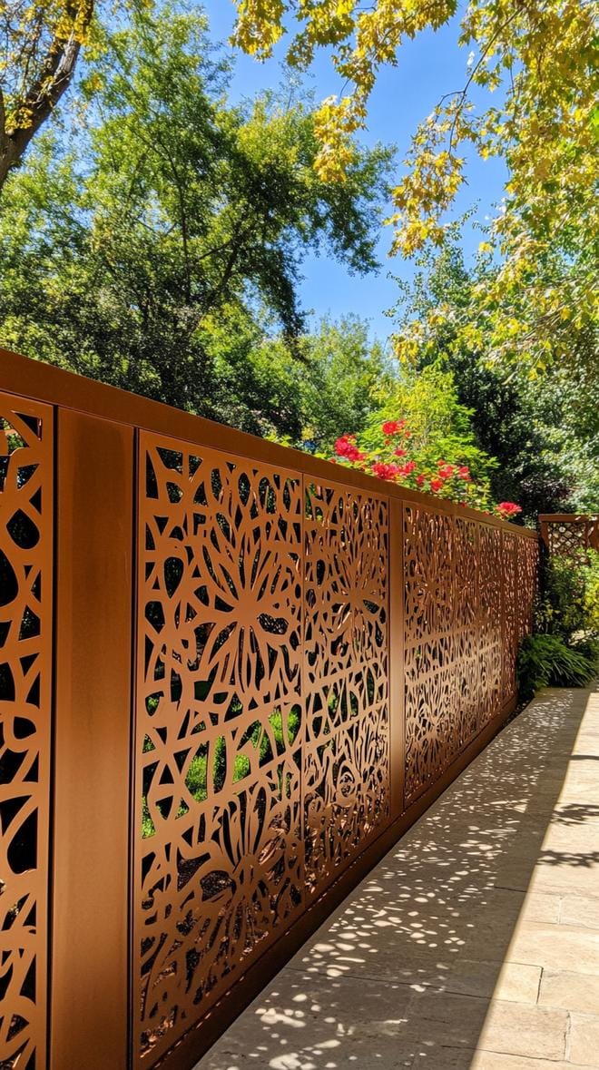 35 Unique Privacy Fence Ideas for a More Private Backyard 69 27. Decorative metal panel privacy wall with patterns-2