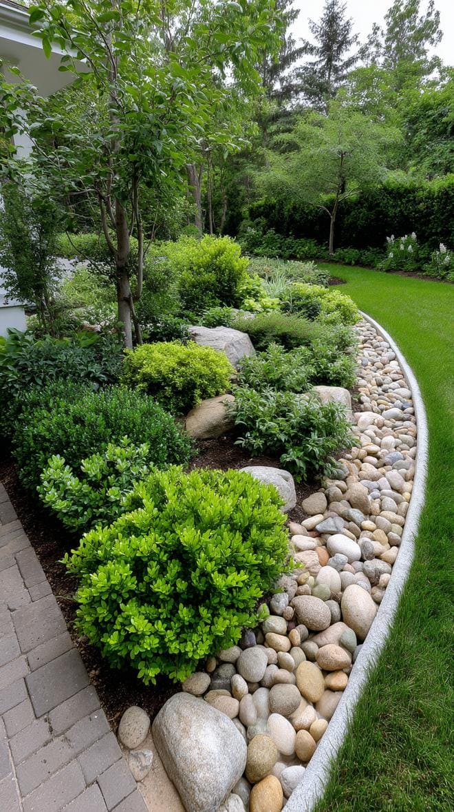 31 Rock Garden Ideas That Transform Any Outdoor Space 148 31. Dense low shrubs around pebble border curve-0