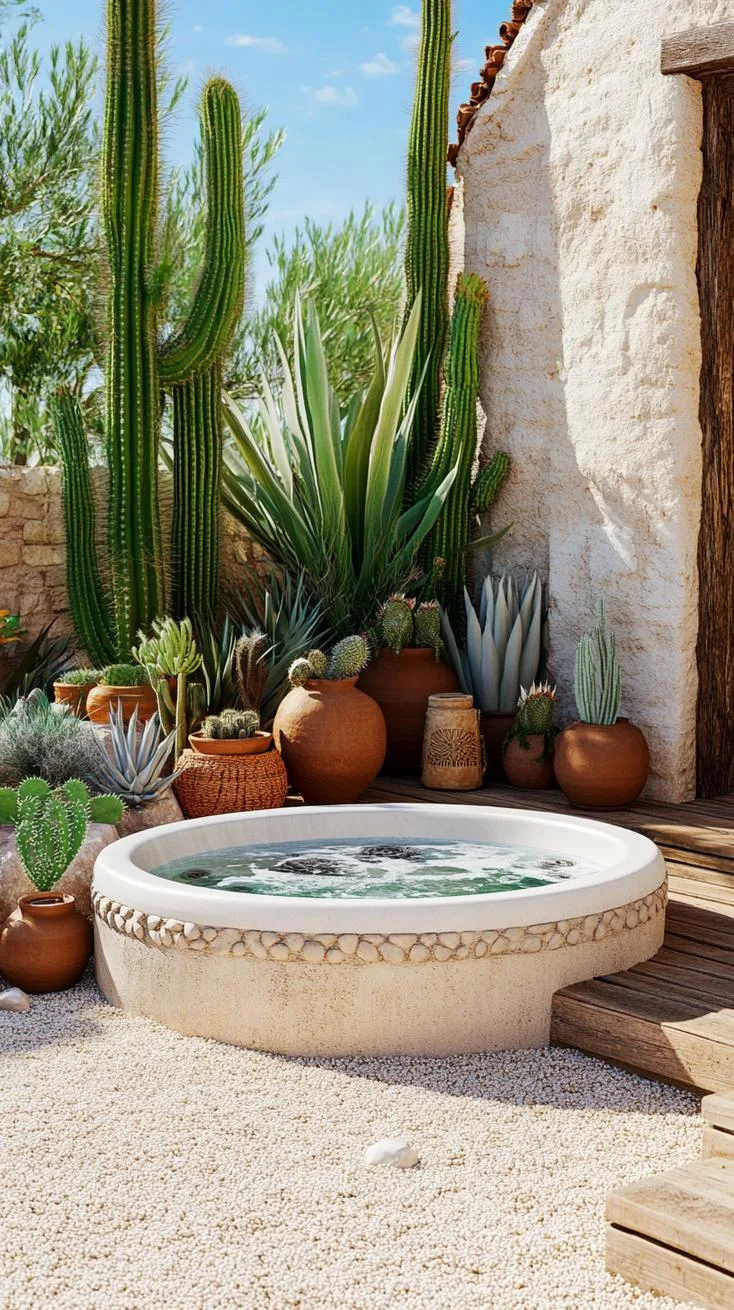 31 Best Hot Tub Ideas for the Ultimate Backyard Escape 151 27. Desert-themed hot tub with succulents and cacti-0