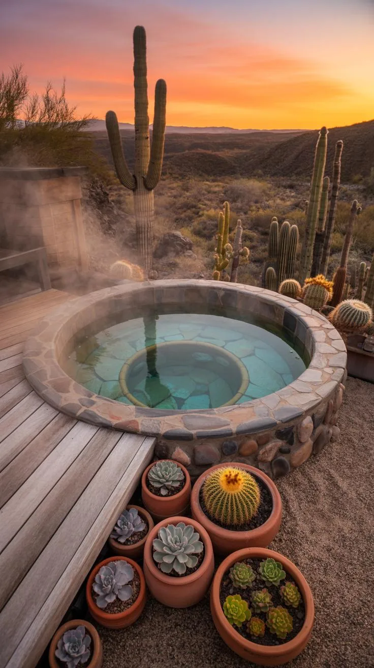 31 Best Hot Tub Ideas for the Ultimate Backyard Escape 153 27. Desert-themed hot tub with succulents and cacti-2