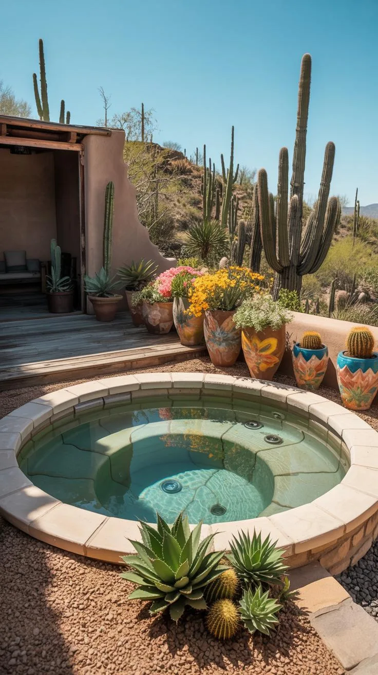 31 Best Hot Tub Ideas for the Ultimate Backyard Escape 156 27. Desert-themed hot tub with succulents and cacti-3