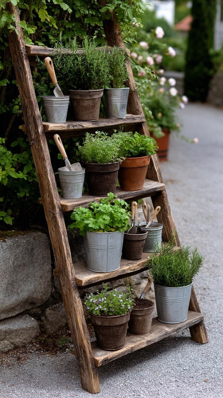 29 Vintage Garden Decor Ideas That Bring Rustic Charm Outdoors 11 3. Distressed wooden ladder decorated with garden tools-0