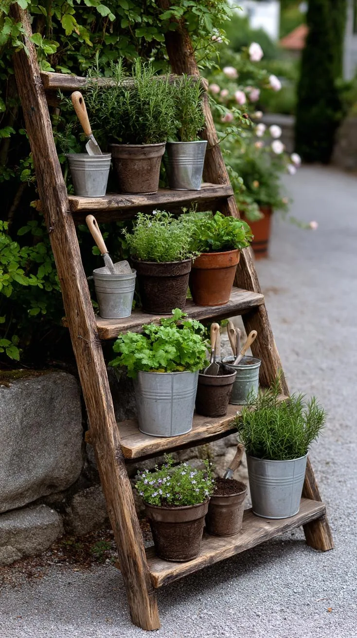 29 Vintage Garden Decor Ideas That Bring Rustic Charm Outdoors 10 3. Distressed wooden ladder decorated with garden tools-0