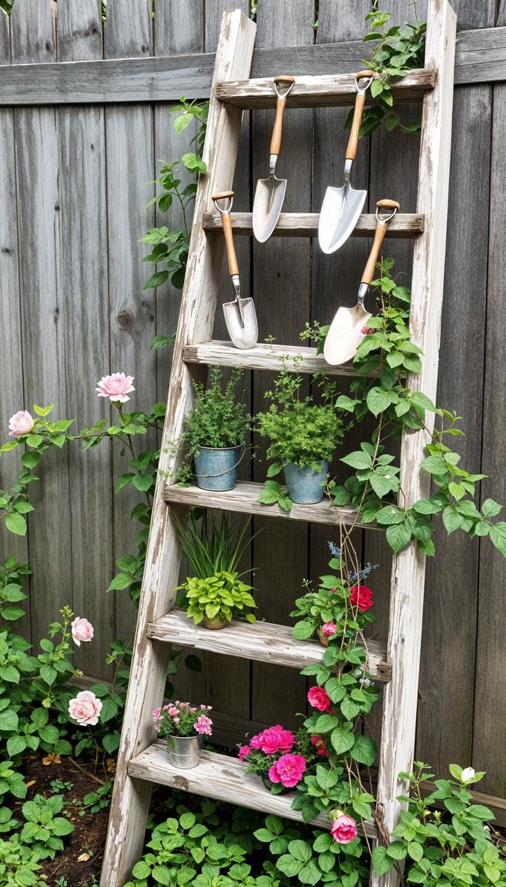 29 Vintage Garden Decor Ideas That Bring Rustic Charm Outdoors 12 3. Distressed wooden ladder decorated with garden tools-1