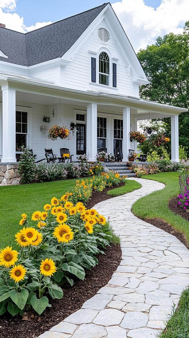 27 Charming Farmhouse Landscaping Ideas for a Beautiful Rustic Yard 48 17. Dramatic curved flower path with sunflower borders-0