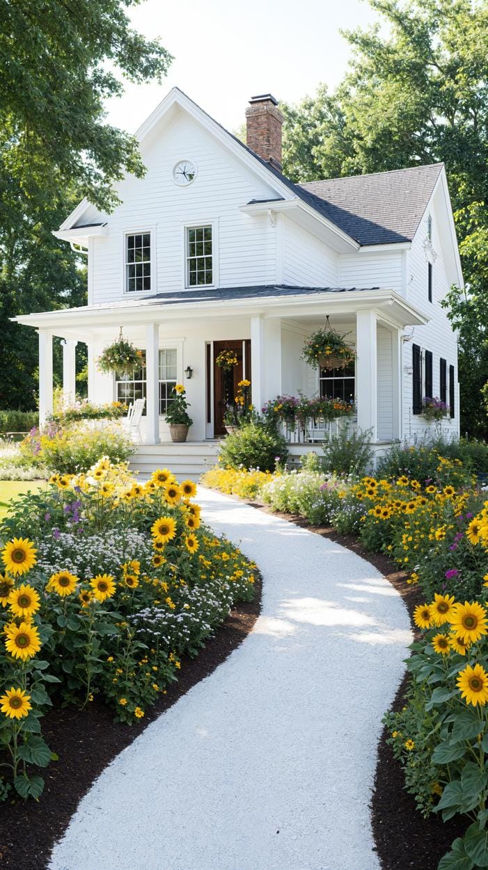 27 Charming Farmhouse Landscaping Ideas for a Beautiful Rustic Yard 49 17. Dramatic curved flower path with sunflower borders-1