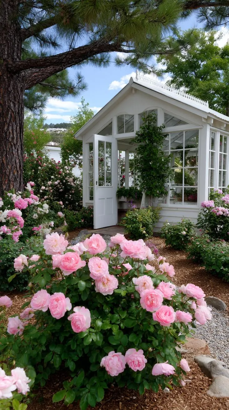 35 Dreamy Cottage Garden Ideas for Timeless Charm 31 13. Dreamy greenhouse framed by vintage roses-0
