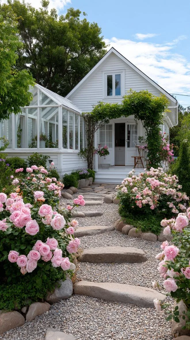 35 Dreamy Cottage Garden Ideas for Timeless Charm 32 13. Dreamy greenhouse framed by vintage roses-1