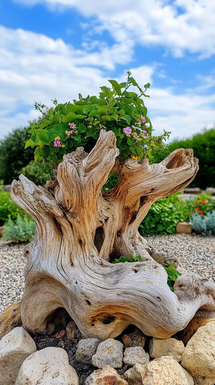 25 Rustic Farmhouse Garden Decor Ideas You Must See 14 7. Driftwood garden sculptures with climbing vines-0