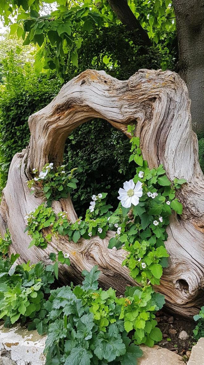 25 Rustic Farmhouse Garden Decor Ideas You Must See 15 7. Driftwood garden sculptures with climbing vines-1