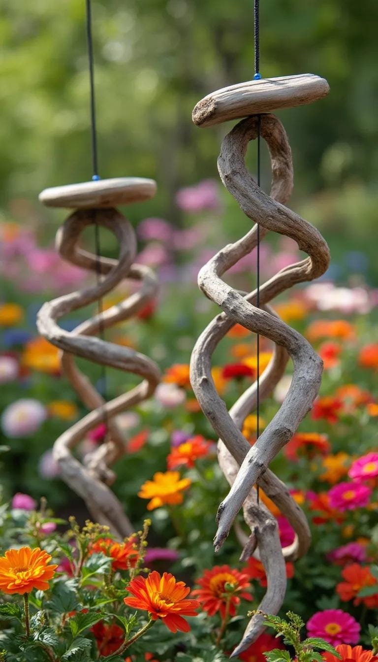 25 Rustic Farmhouse Garden Decor Ideas You Must See 31 16. Driftwood wind spinners twirling among flower beds-0