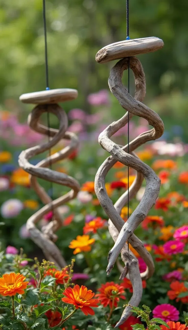 16. Driftwood wind spinners twirling among flower beds-0 16. Driftwood wind spinners twirling among flower beds-0