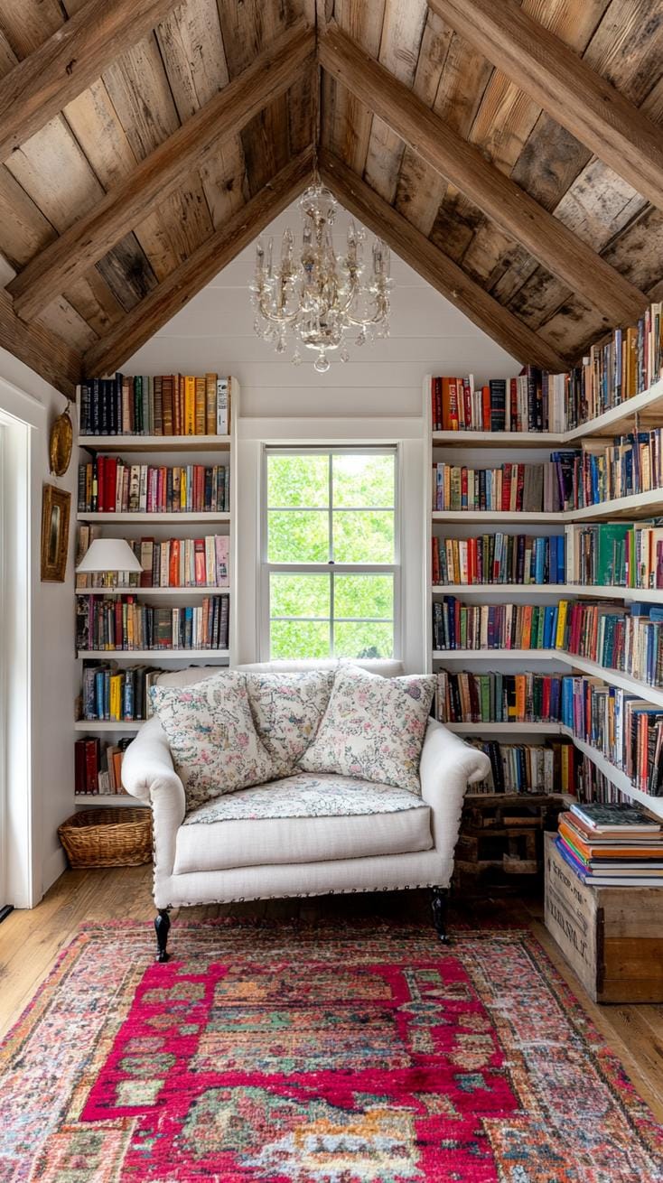 17. Eclectic shed library with cathedral ceiling and vintage sofa-0