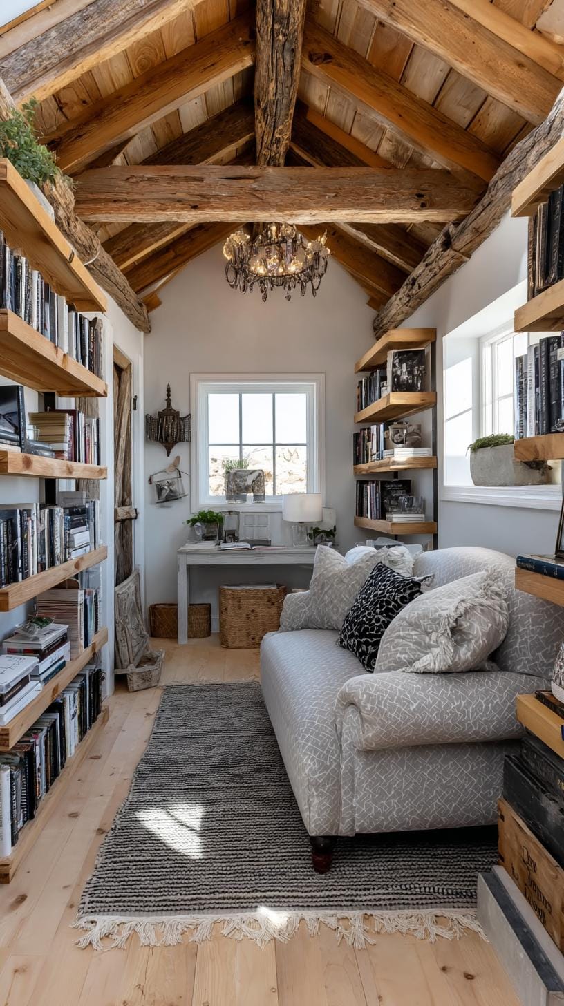 17. Eclectic shed library with cathedral ceiling and vintage sofa-1