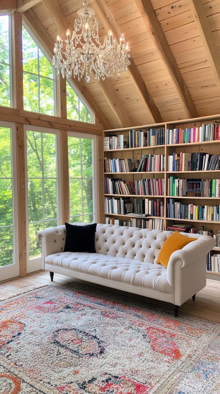 17. Eclectic shed library with cathedral ceiling and vintage sofa-2