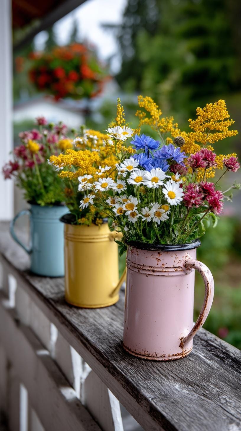 29 Vintage Garden Decor Ideas That Bring Rustic Charm Outdoors 26 6. Enamelware jugs filled with wild garden blooms-1
