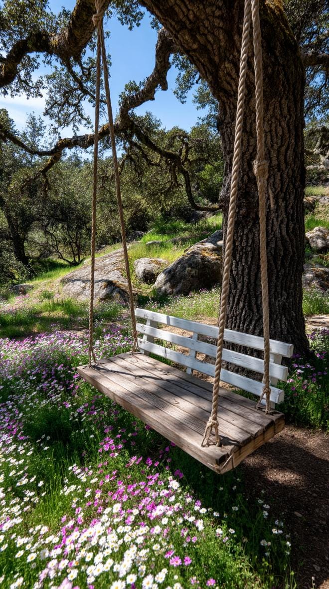 37 Whimsical Garden Ideas for a Magical Backyard 33 13. Enchanted swing surrounded by wildflowers-1