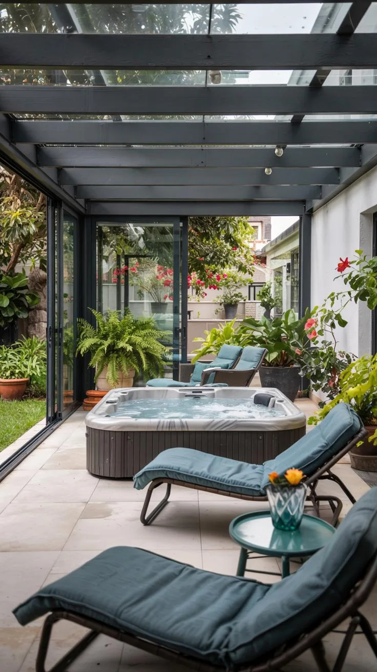 31 Best Hot Tub Ideas for the Ultimate Backyard Escape 130 23. Enclosed hot tub with glass sliding doors-0