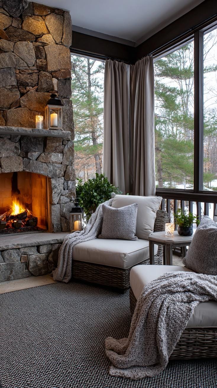 13. Enclosed porch with fireplace and soft drapes-0