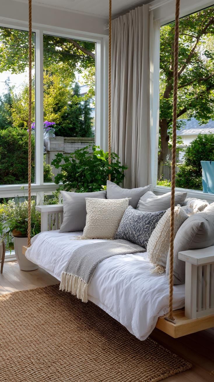 23. Enclosed porch with hanging bed swing and rattan mat-0