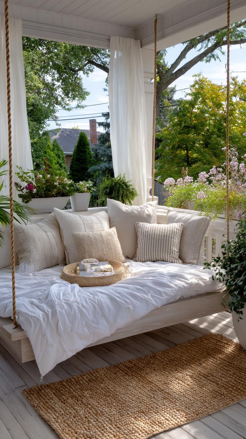 23. Enclosed porch with hanging bed swing and rattan mat-1