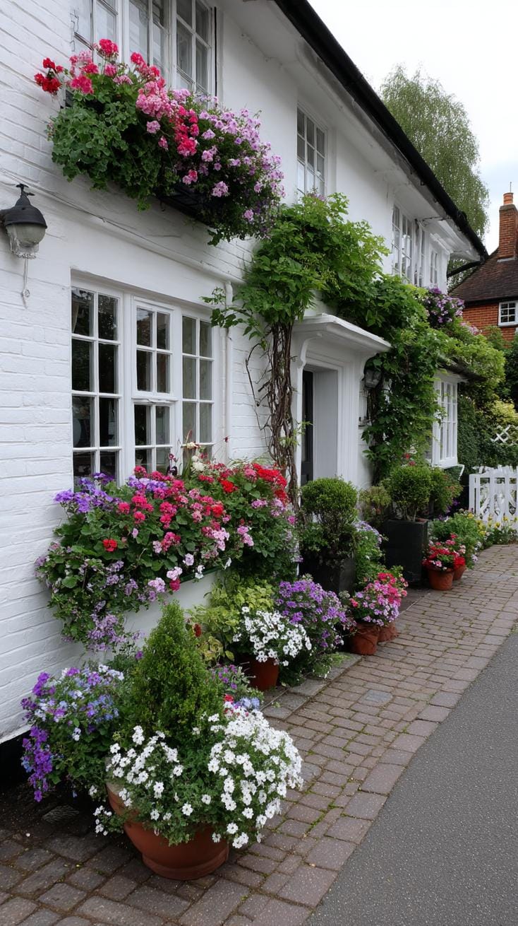 35 Dreamy Cottage Garden Ideas for Timeless Charm 52 21. English cottage with florals at every window-0