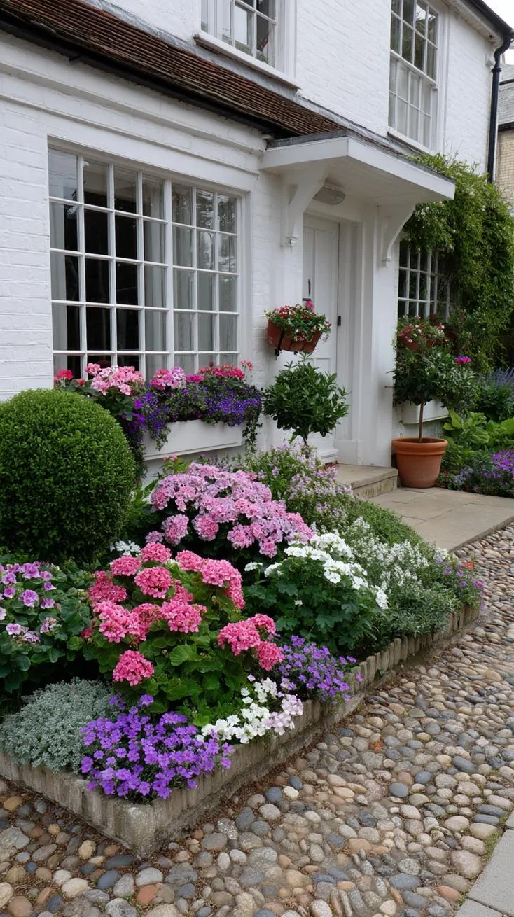 35 Dreamy Cottage Garden Ideas for Timeless Charm 52 21. English cottage with florals at every window-1