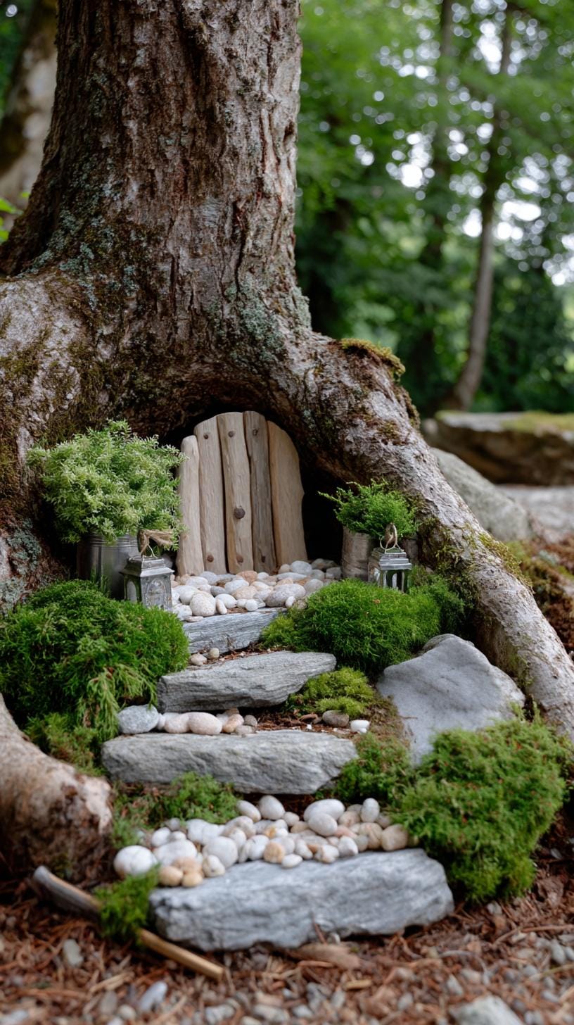 1. Fairy garden built into a hollow tree base-1