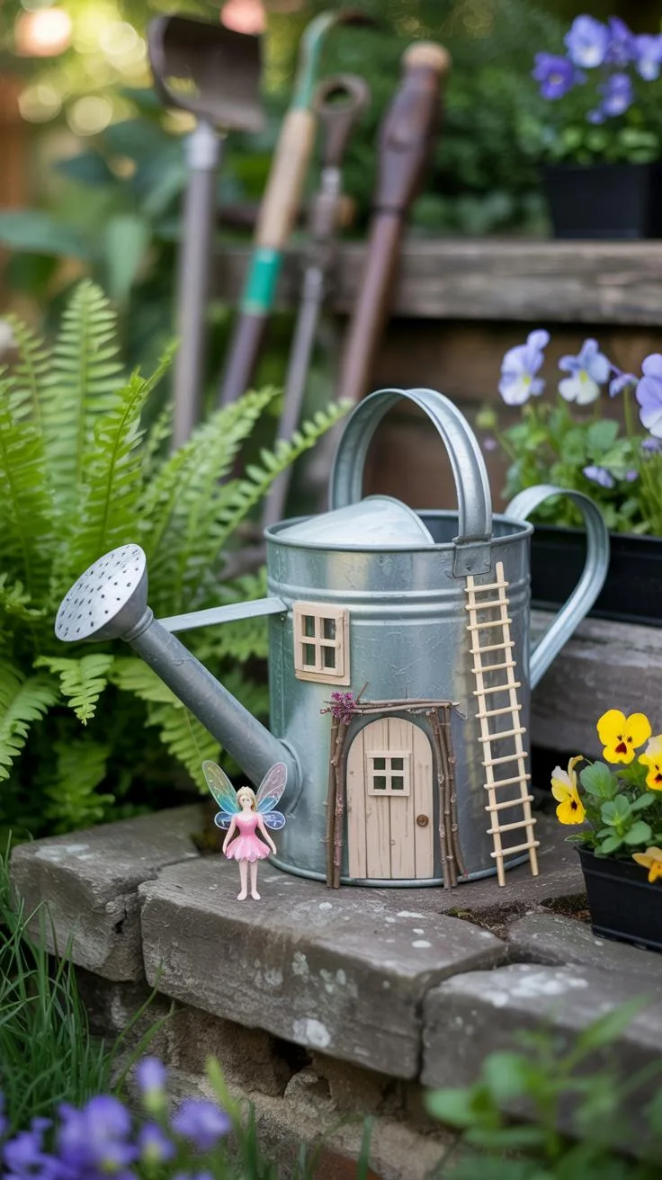 23. Fairy house made inside a watering can planter-1