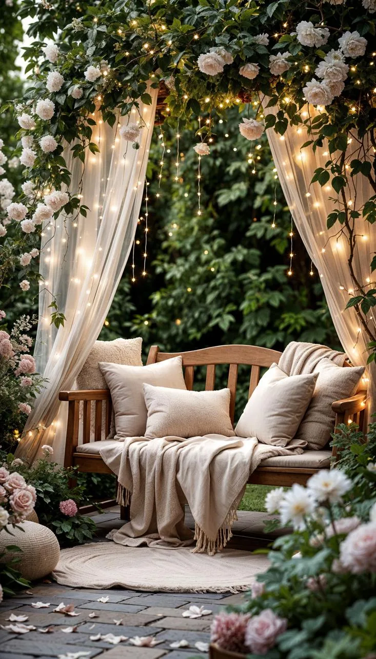37 Whimsical Garden Ideas for a Magical Backyard 73 28. Fairy light canopy over garden bench-1