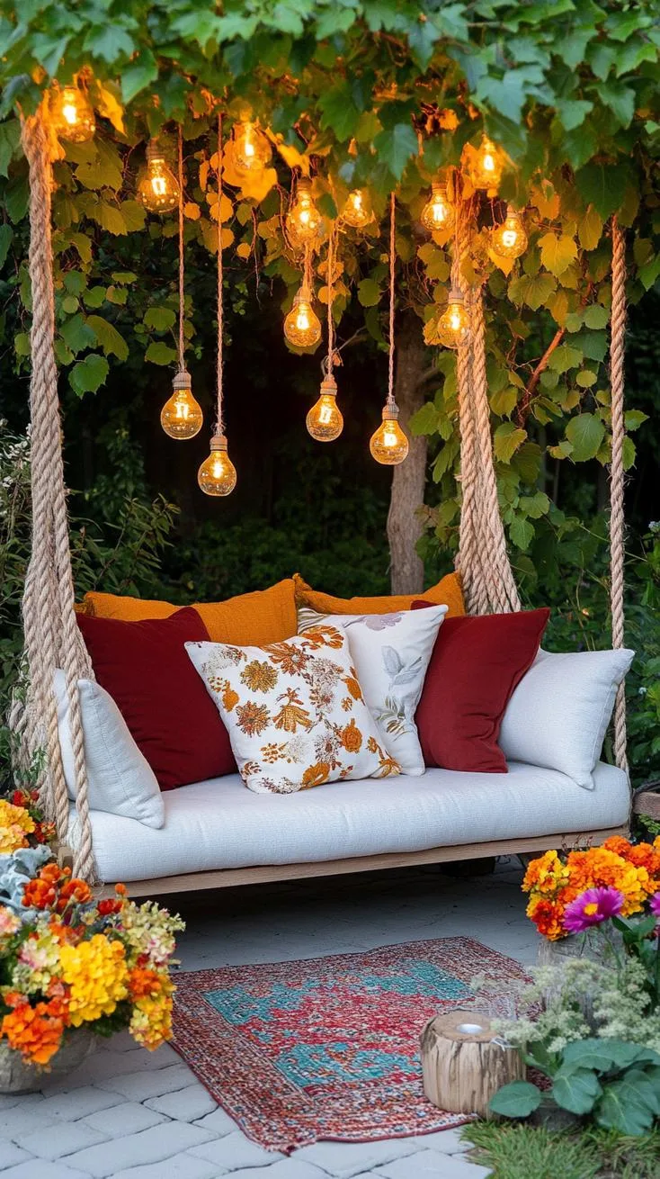37 Whimsical Garden Ideas for a Magical Backyard 74 28. Fairy light canopy over garden bench-2