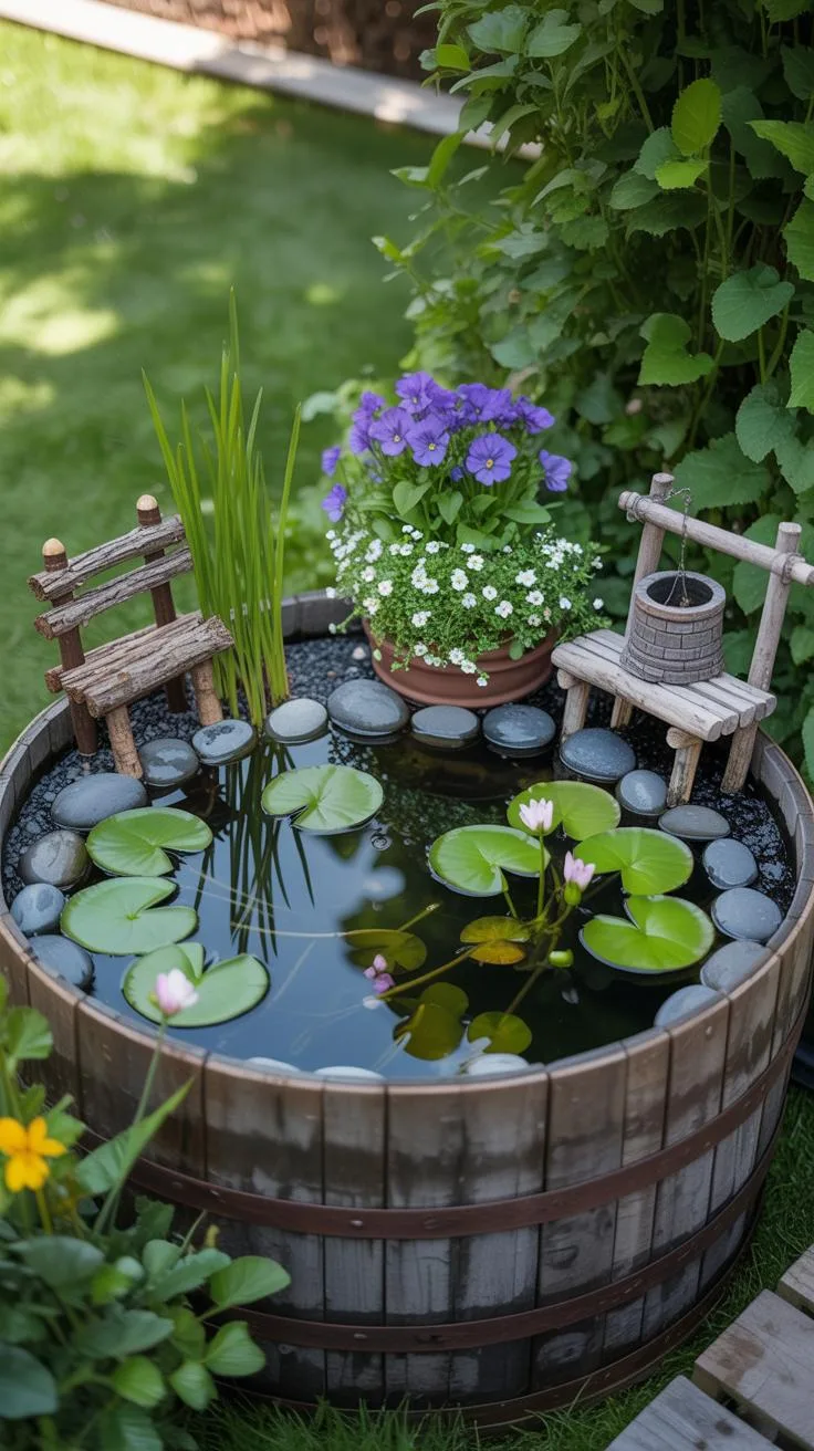 18. Fairy pond in barrel with floating accessories-0