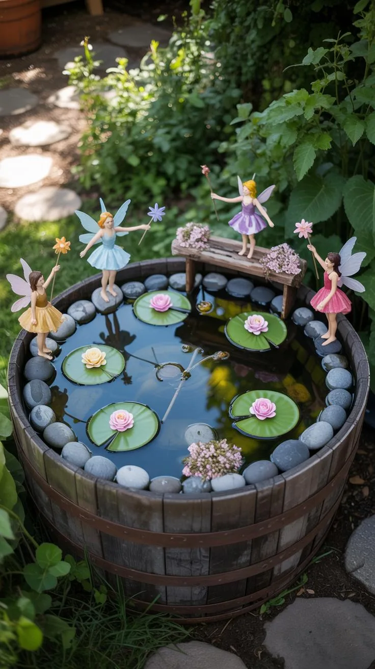 18. Fairy pond in barrel with floating accessories-2