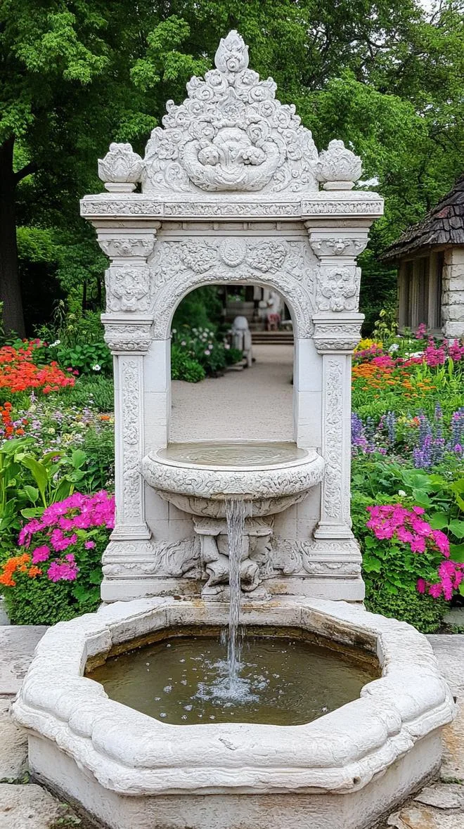 18. Fairy tale stone fountain beyond flowered gate-2