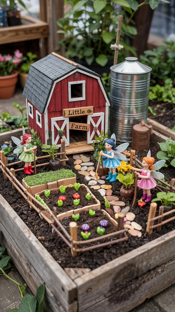 21. Farm-style fairy garden with barn and garden plots-2
