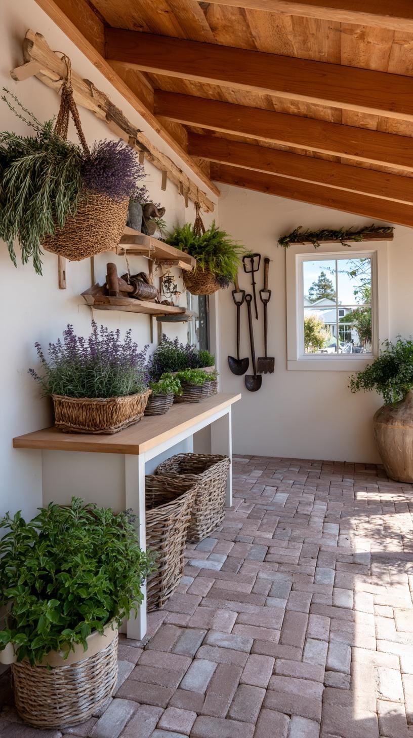 13. Farmhouse-inspired shed with hanging baskets and brick floor-1