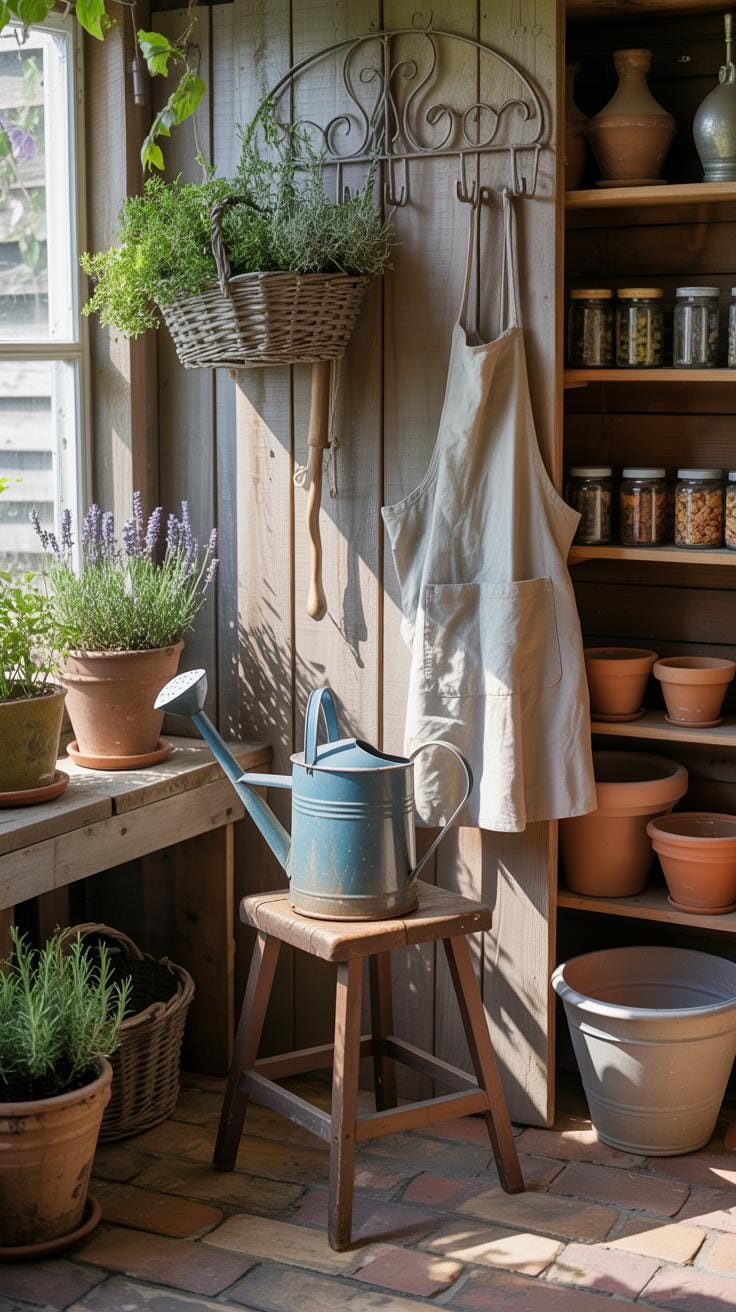 13. Farmhouse-inspired shed with hanging baskets and brick floor-2