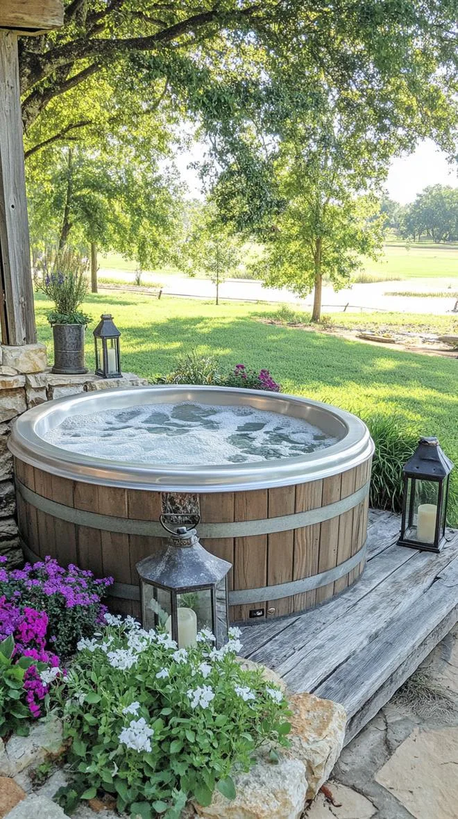 31 Best Hot Tub Ideas for the Ultimate Backyard Escape 69 12. Farmhouse-style galvanized steel hot tub-2