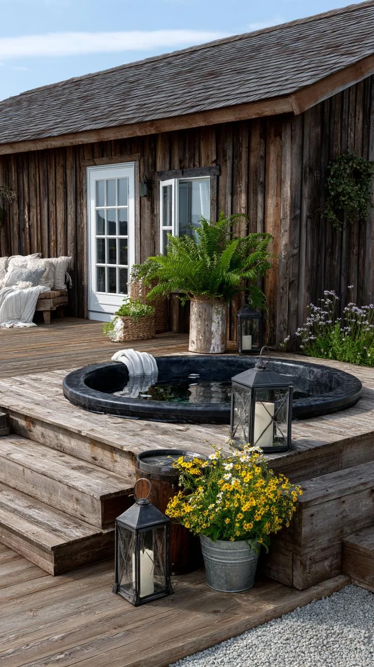 31 Best Hot Tub Ideas for the Ultimate Backyard Escape 72 12. Farmhouse-style galvanized steel hot tub-3