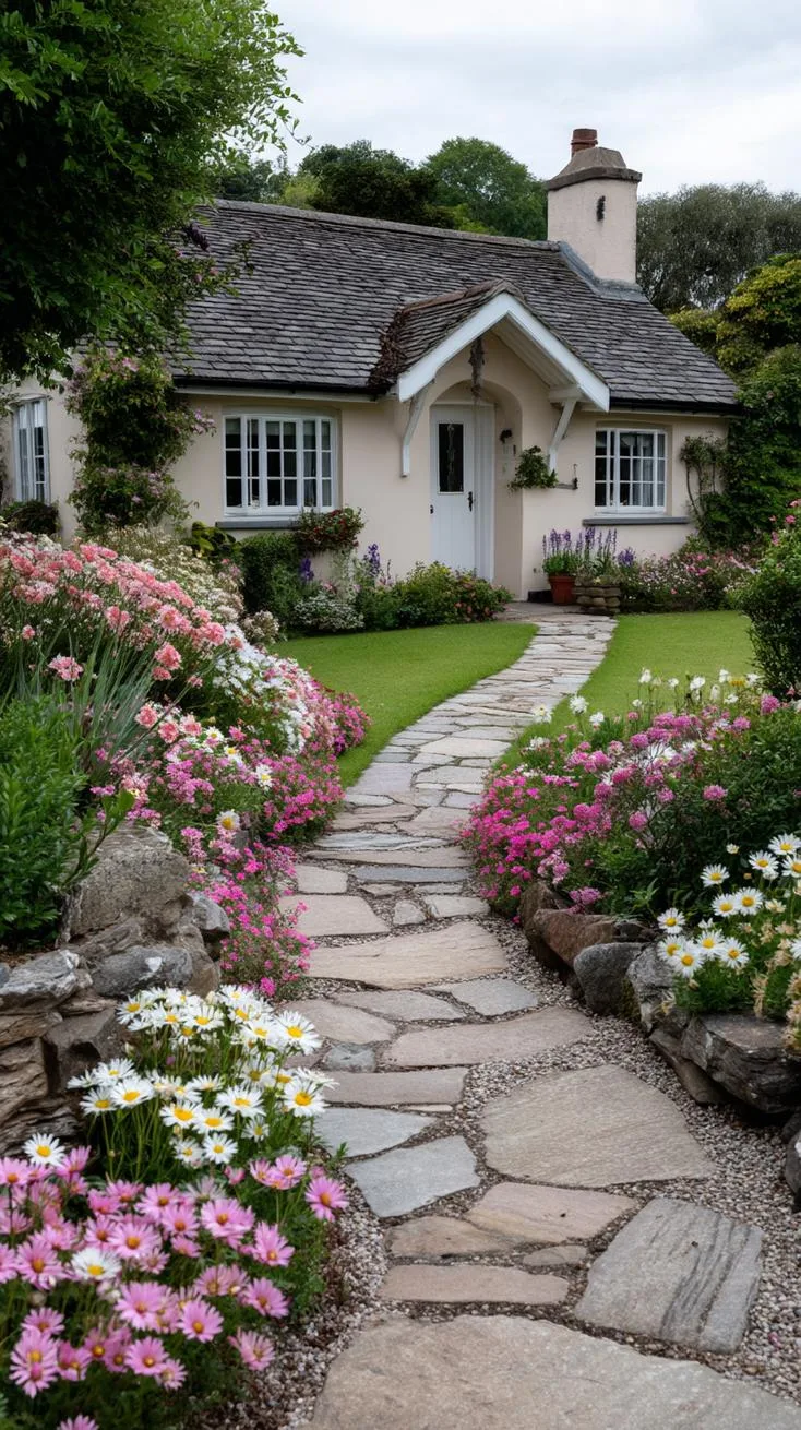 35 Dreamy Cottage Garden Ideas for Timeless Charm 63 27. Flagstone garden path among overflowing beds-0
