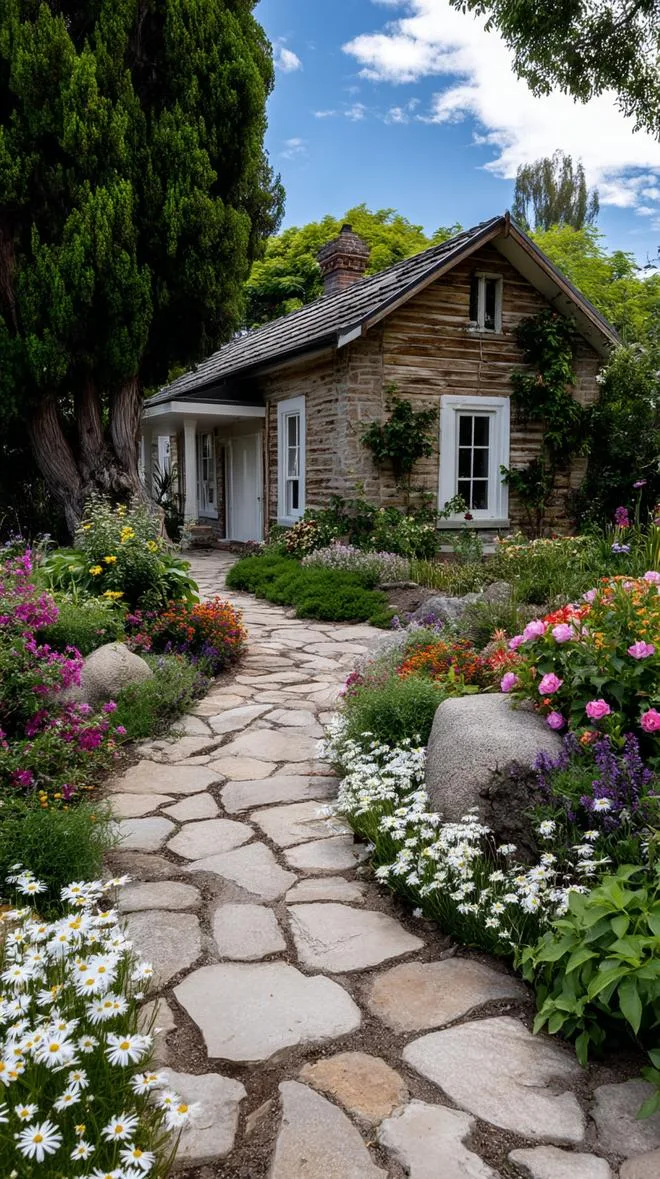 35 Dreamy Cottage Garden Ideas for Timeless Charm 64 27. Flagstone garden path among overflowing beds-1