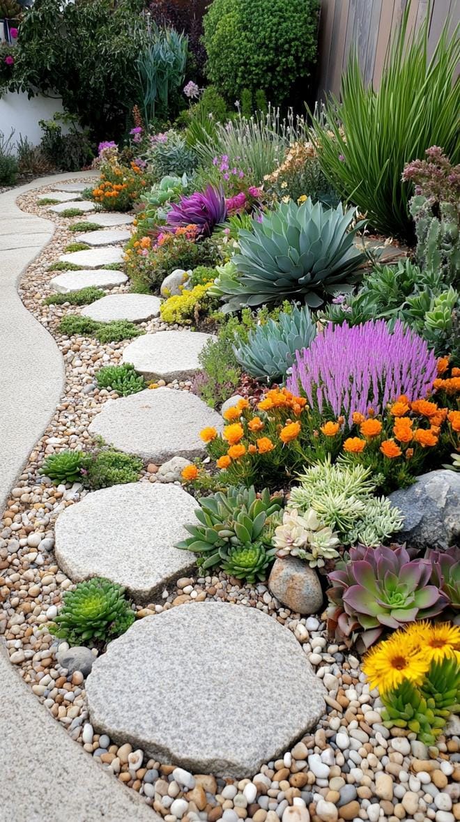 31 Rock Garden Ideas That Transform Any Outdoor Space 34 7. Flat stepping stones in lush flower clusters-0
