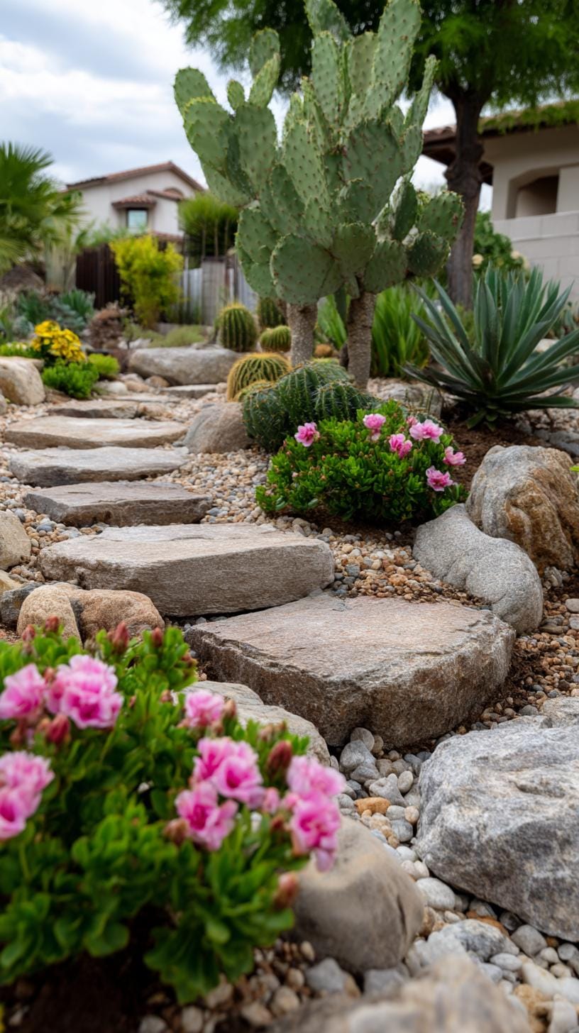 31 Rock Garden Ideas That Transform Any Outdoor Space 35 7. Flat stepping stones in lush flower clusters-1