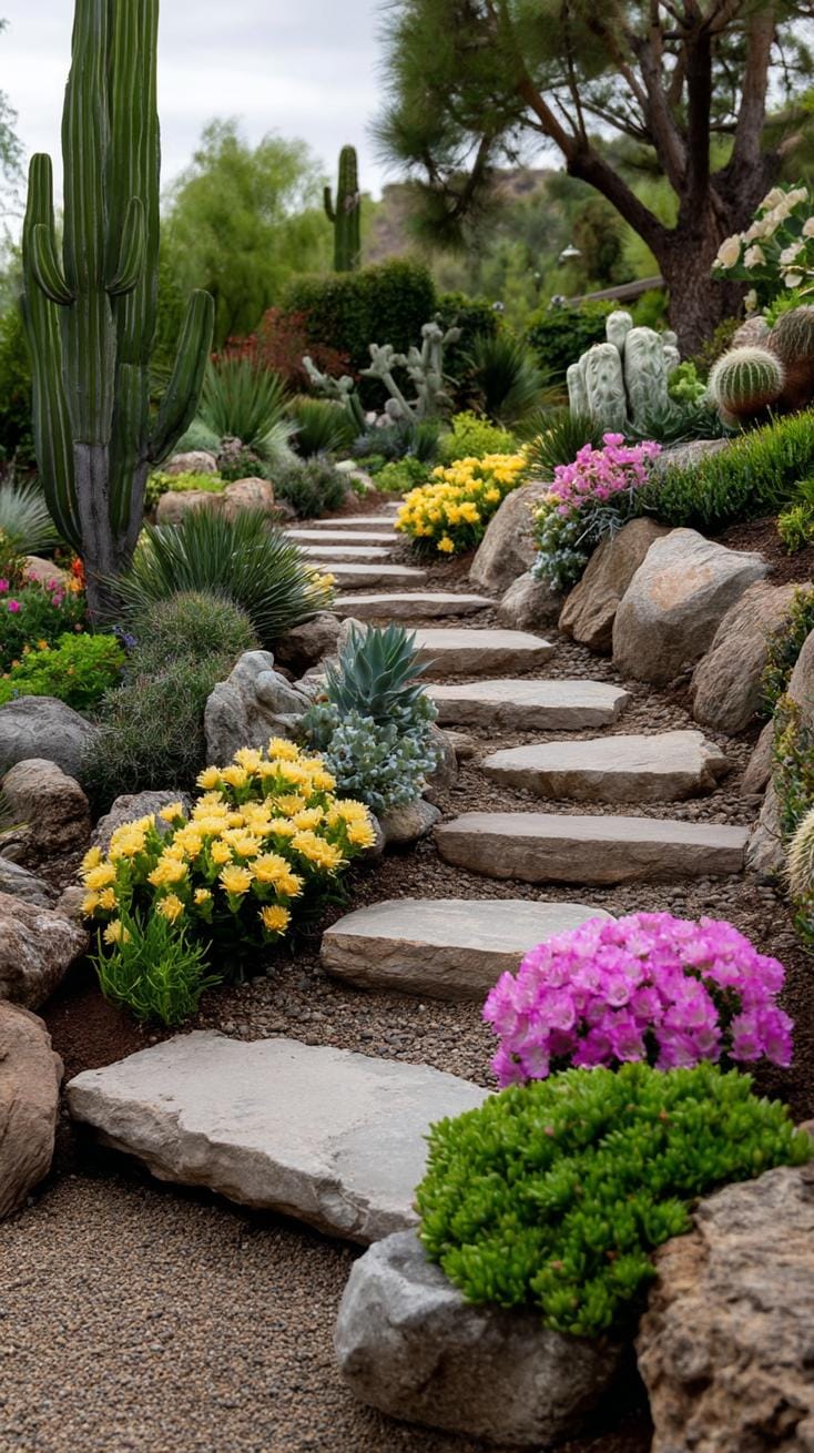 31 Rock Garden Ideas That Transform Any Outdoor Space 38 7. Flat stepping stones in lush flower clusters-2